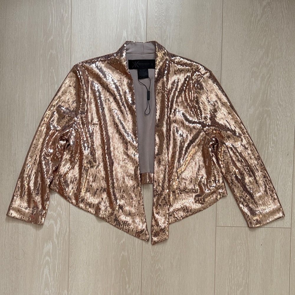 Kardashian Kollection Metallic Sequin Rose Gold Open Blazer